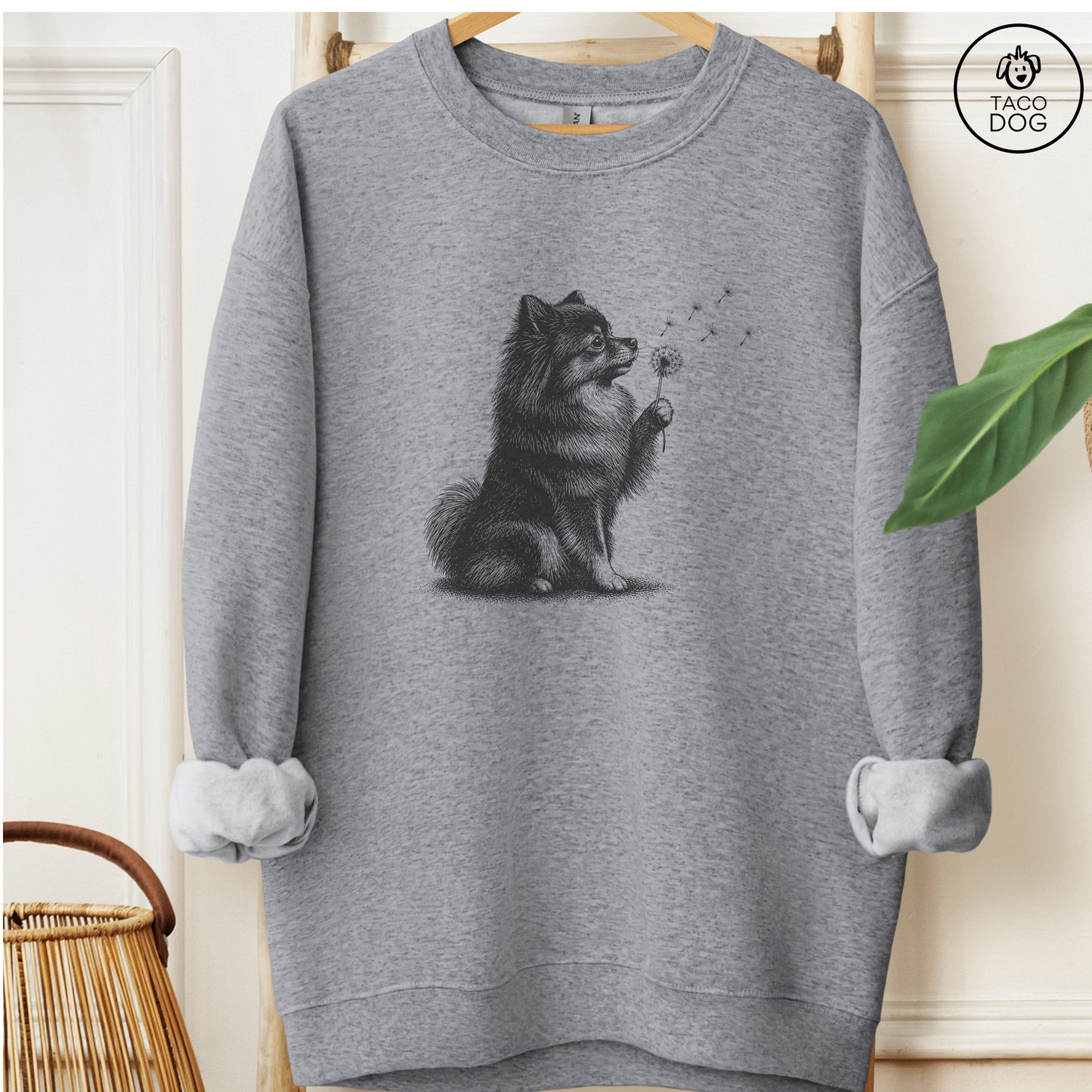 Pomeranian Dandelion Sweatshirt Graphite Heather Taco-Dog