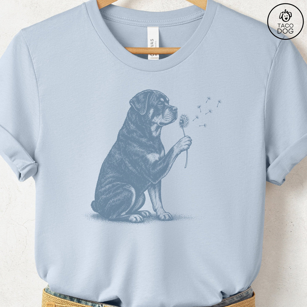 Rottweiler Dandelion T-Shirt Light Blue Taco-Dog