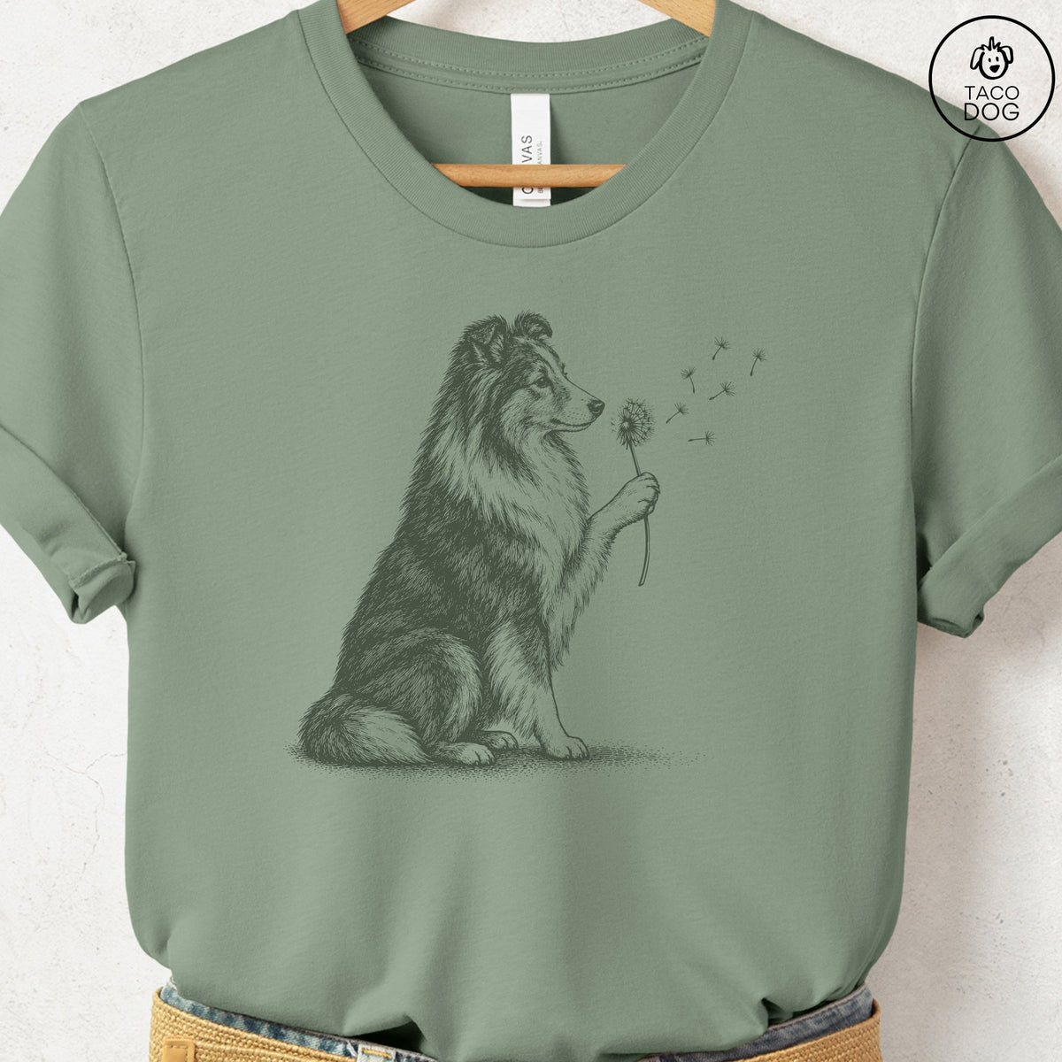 Shetland Sheepdog Dandelion T-Shirt Sage Taco-Dog