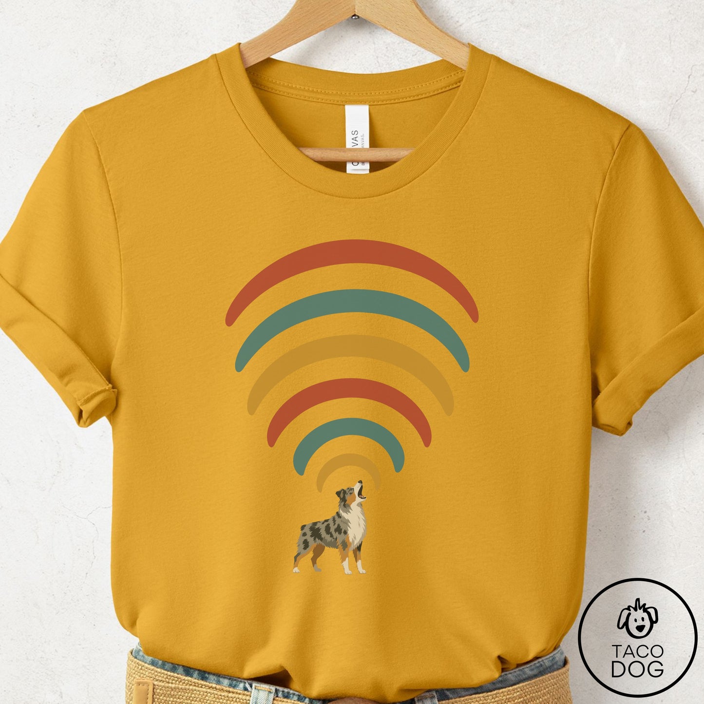 Australian Shepherd Decibel T-Shirt Mustard Taco-Dog