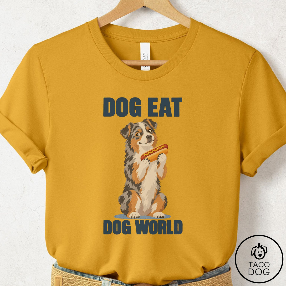 Australian Shepherd Dog Eat Dog T-Shirt Mustard Taco-Dog