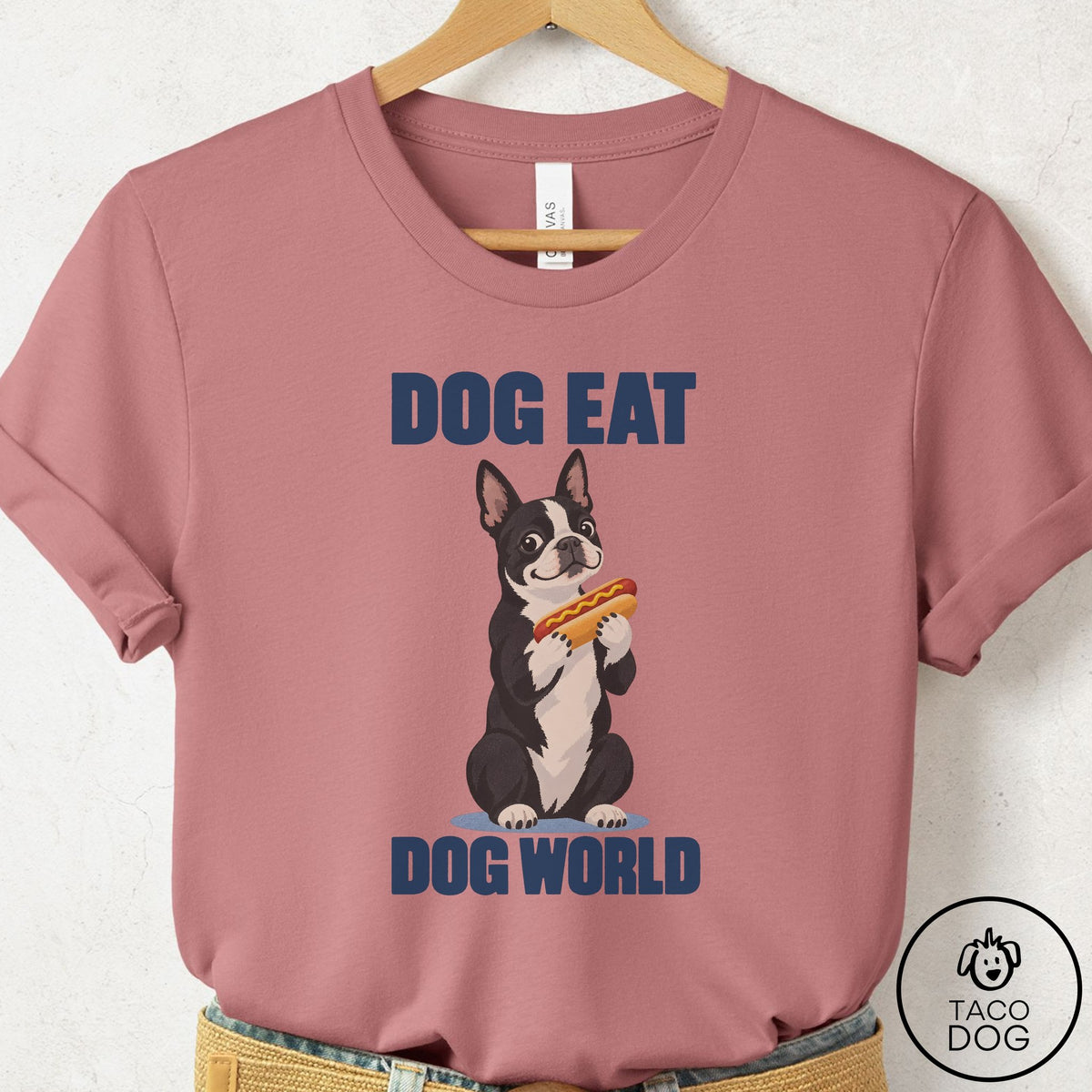 Boston Terrier Dog Eat Dog T-Shirt Mauve Taco-Dog
