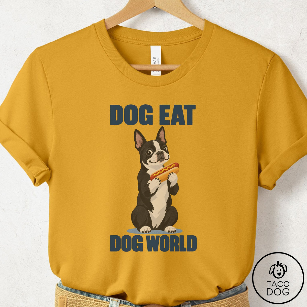 Boston Terrier Dog Eat Dog T-Shirt Mustard Taco-Dog