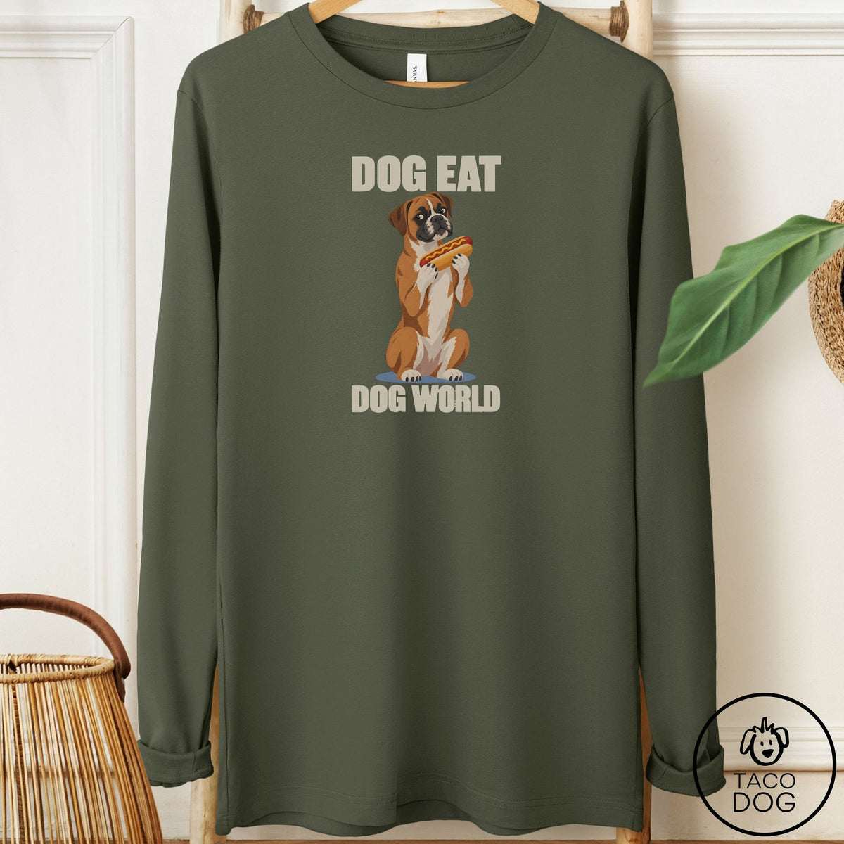 Boxer Dog Eat Dog Long Sleeve Tee Military Green Taco-Dog