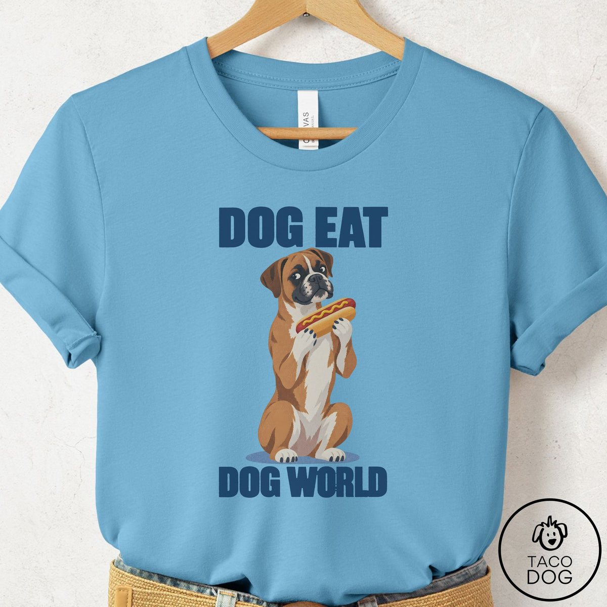 Boxer Dog Eat Dog T-Shirt Ocean Blue Taco-Dog
