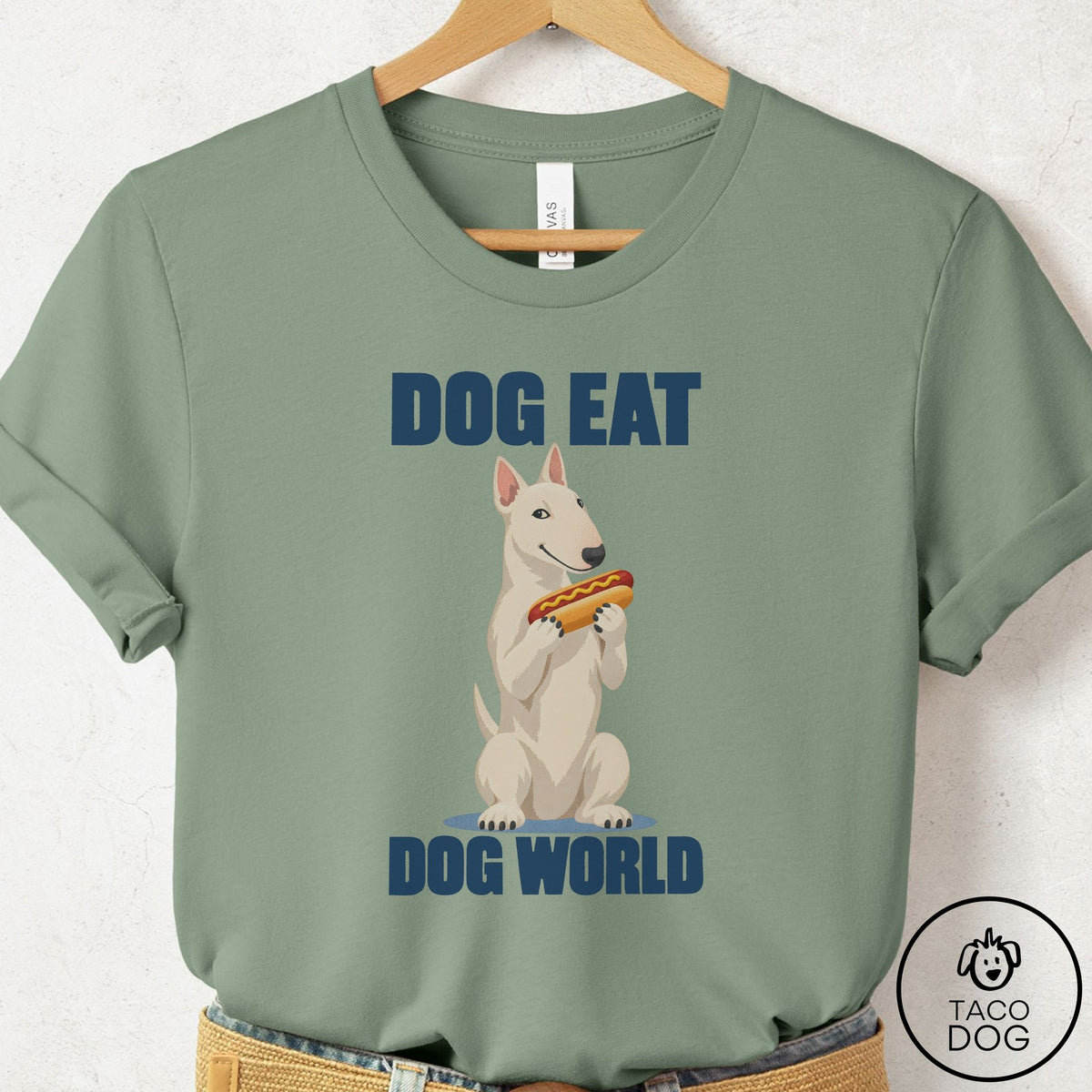 Bull Terrier Dog Eat Dog T-Shirt Sage Taco-Dog