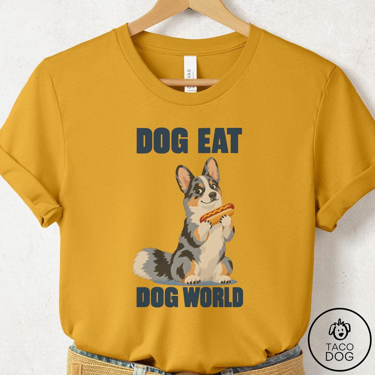 Cardigan Welsh Corgi Dog Eat Dog T-Shirt Mustard Taco-Dog