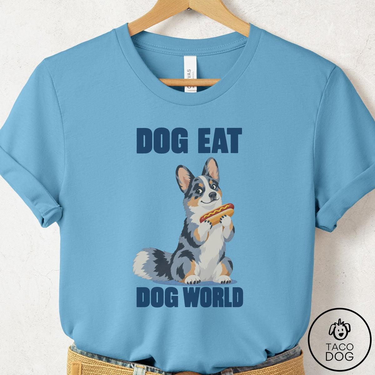 Cardigan Welsh Corgi Dog Eat Dog T-Shirt Ocean Blue Taco-Dog