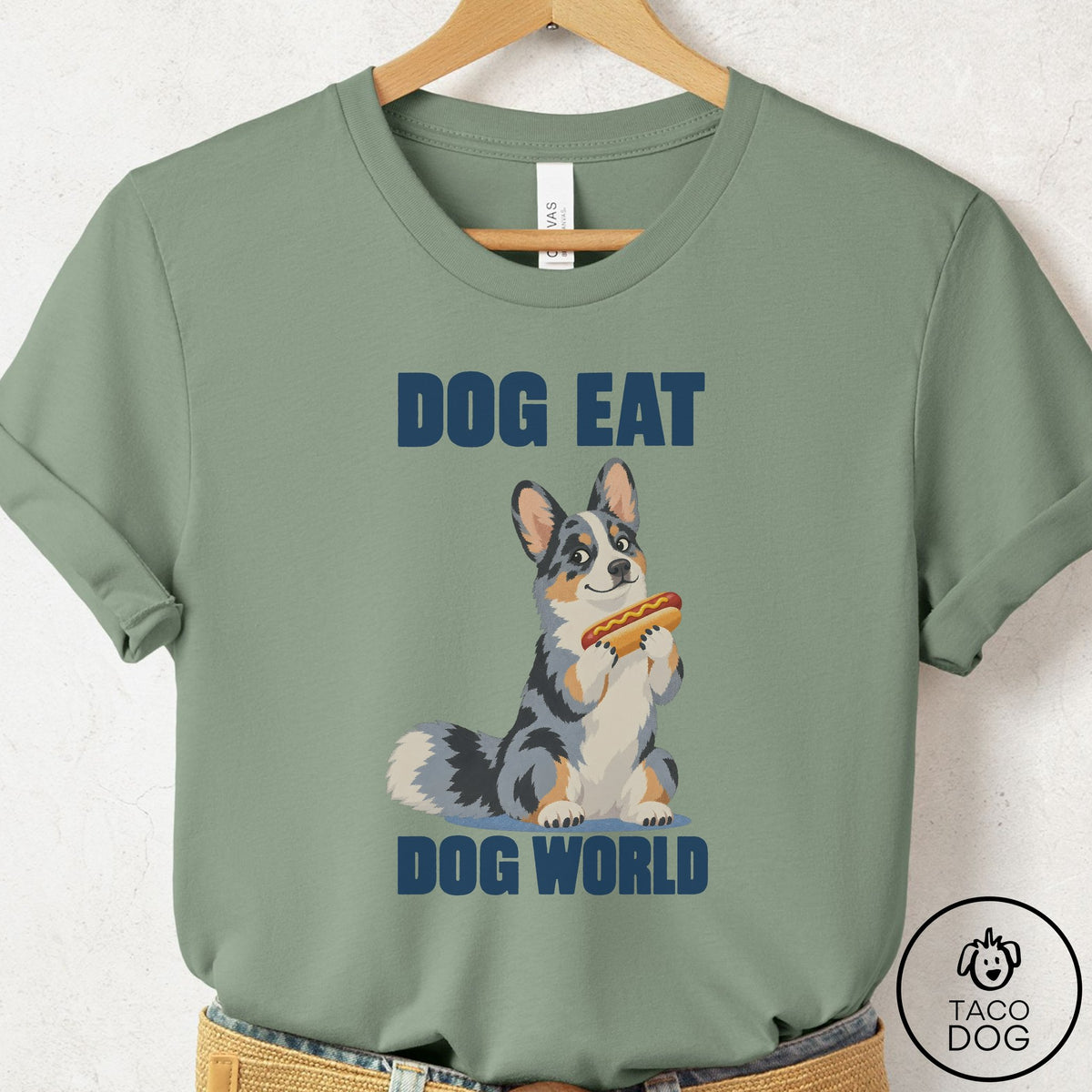 Cardigan Welsh Corgi Dog Eat Dog T-Shirt Sage Taco-Dog