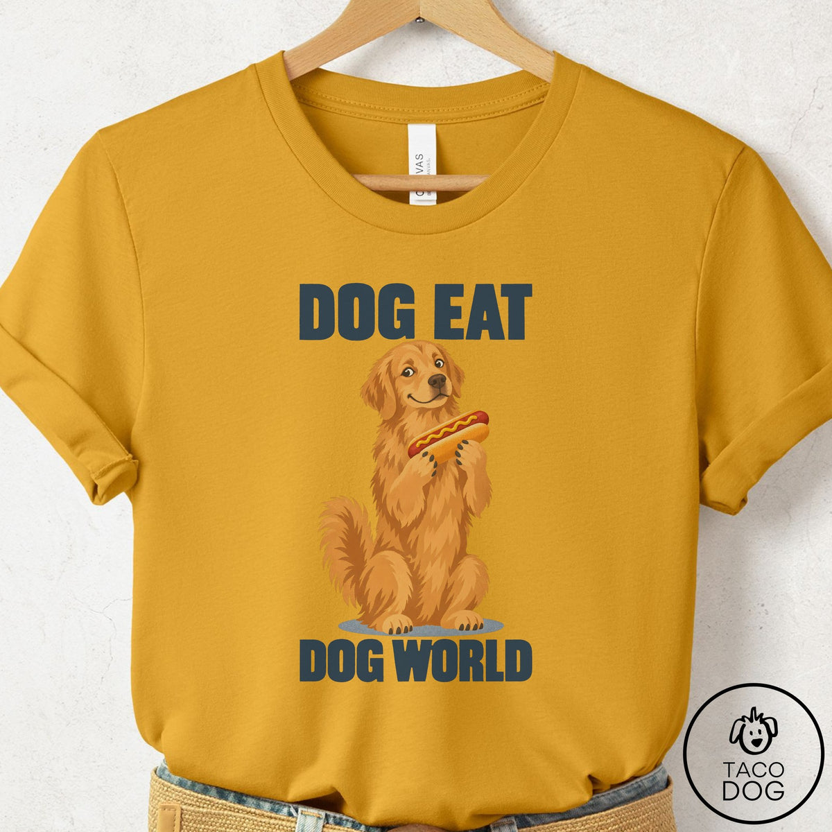 Golden Retriever Dog Eat Dog T-Shirt Mustard Taco-Dog