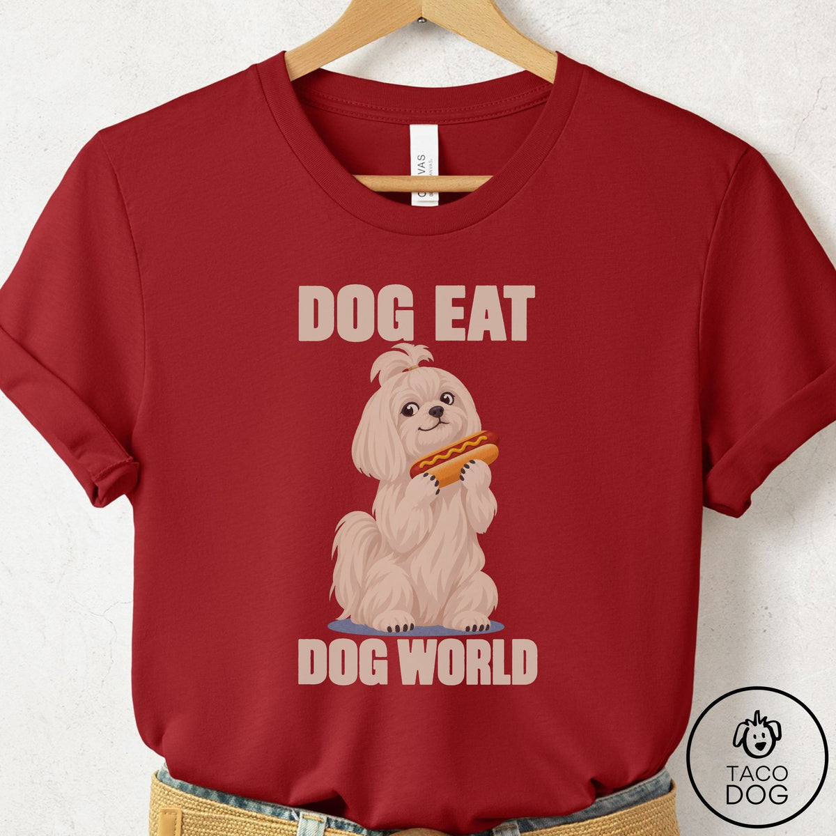Maltese Dog Eat Dog T-Shirt Canvas Red Taco-Dog