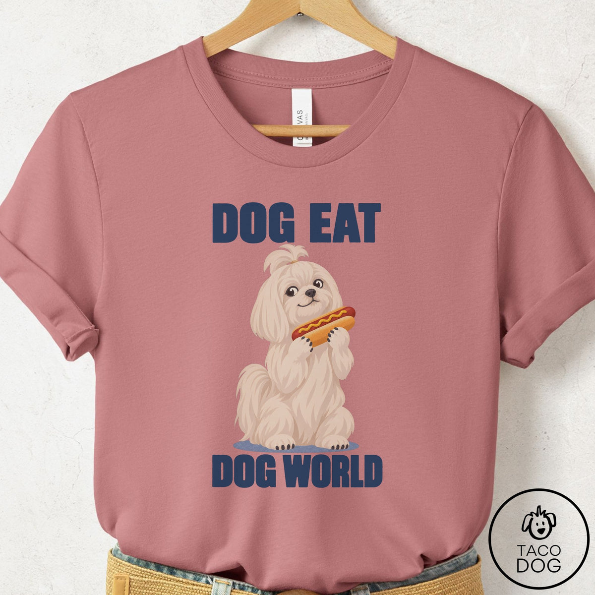 Maltese Dog Eat Dog T-Shirt Mauve Taco-Dog