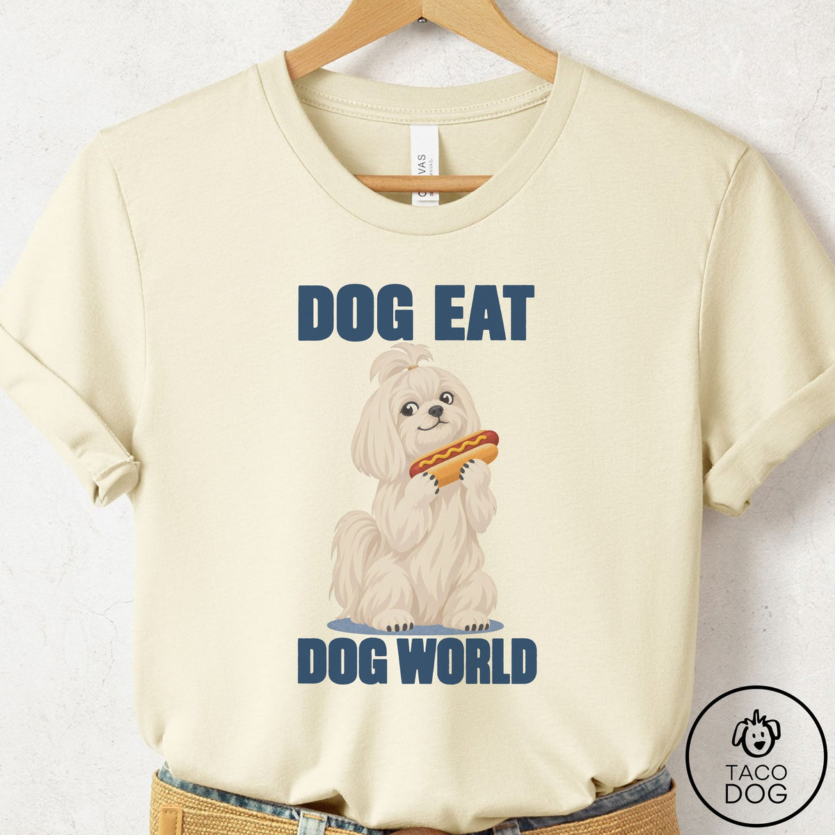 Maltese Dog Eat Dog T-Shirt Natural Taco-Dog
