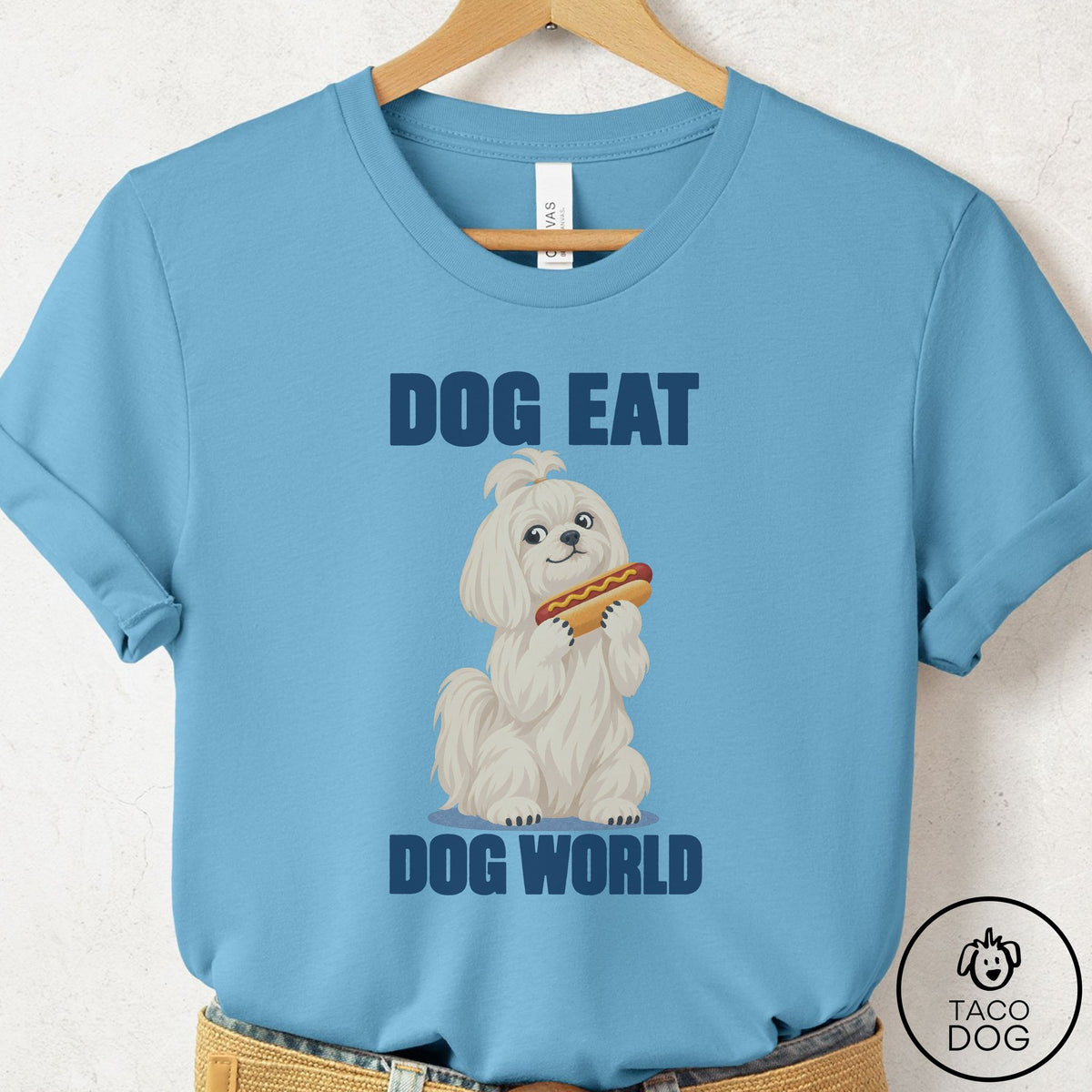 Maltese Dog Eat Dog T-Shirt Ocean Blue Taco-Dog