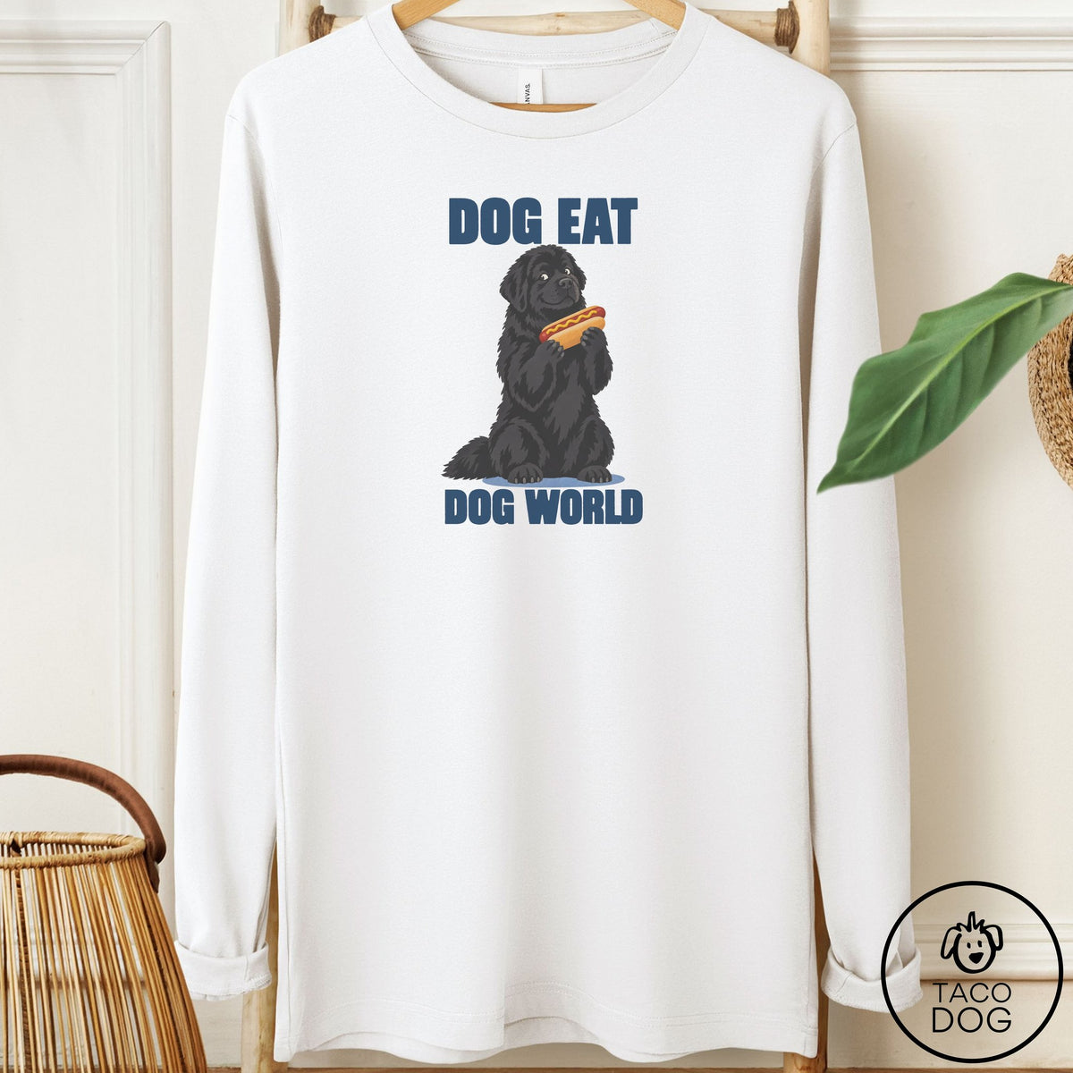 Newfoundland Dog Eat Dog Long Sleeve Tee White Taco-Dog