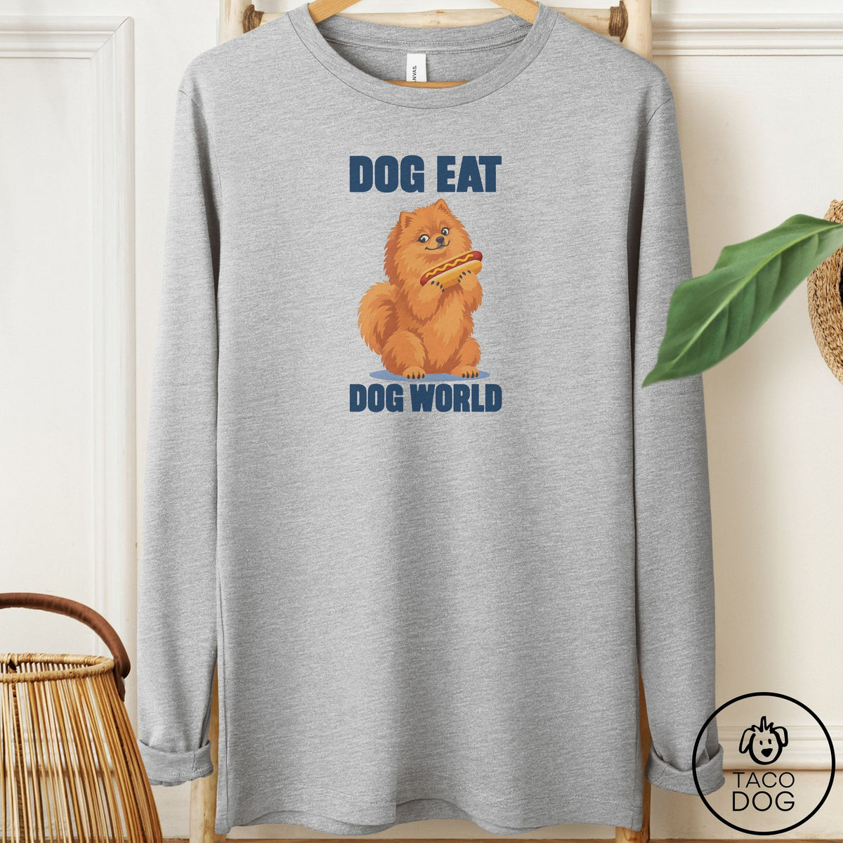 Pomeranian Dog Eat Dog Long Sleeve Tee Athletic Heather Taco-Dog