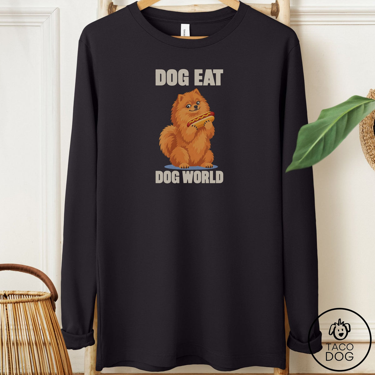 Pomeranian Dog Eat Dog Long Sleeve Tee Black Taco-Dog