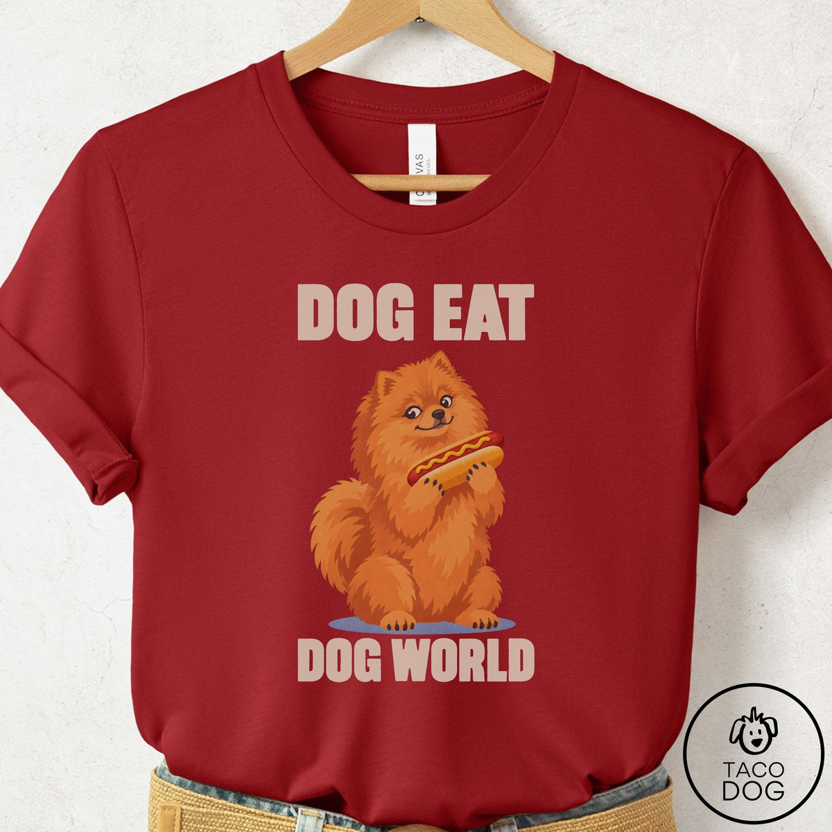 Pomeranian Dog Eat Dog T-Shirt Canvas Red Taco-Dog
