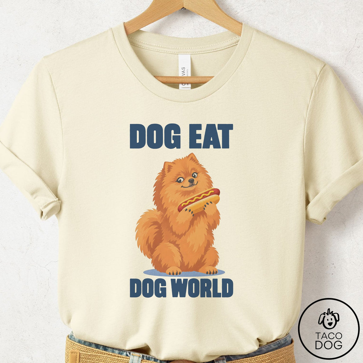 Pomeranian Dog Eat Dog T-Shirt Natural Taco-Dog
