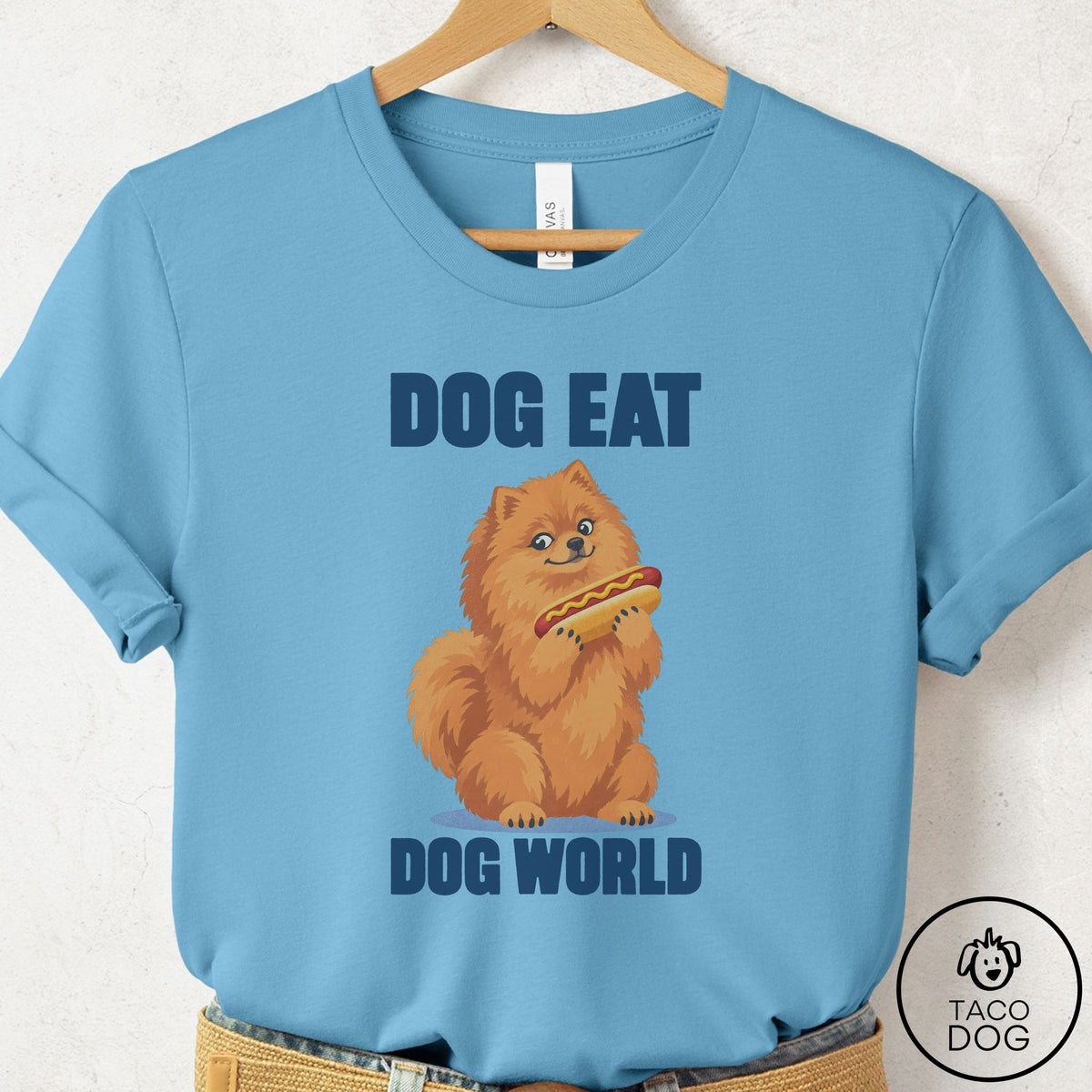 Pomeranian Dog Eat Dog T-Shirt Ocean Blue Taco-Dog