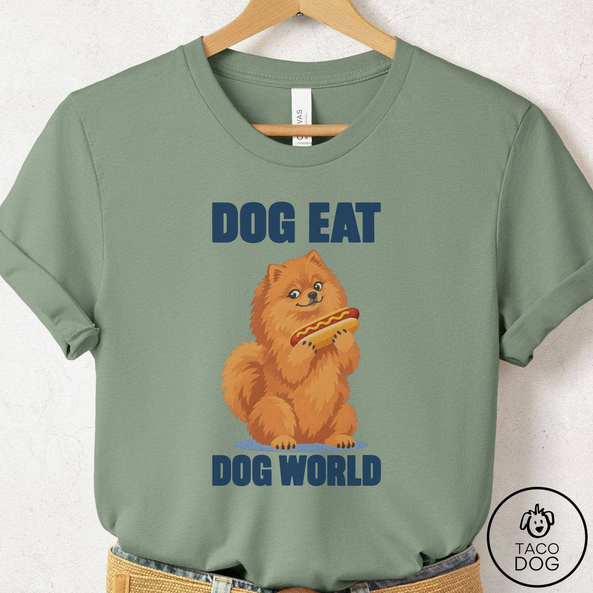 Pomeranian Dog Eat Dog T-Shirt Sage Taco-Dog