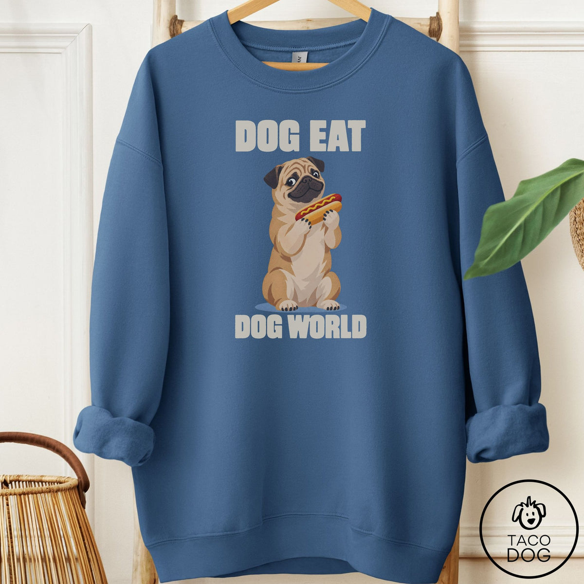 Pug Dog Eat Dog Sweatshirt Indigo Blue Taco-Dog