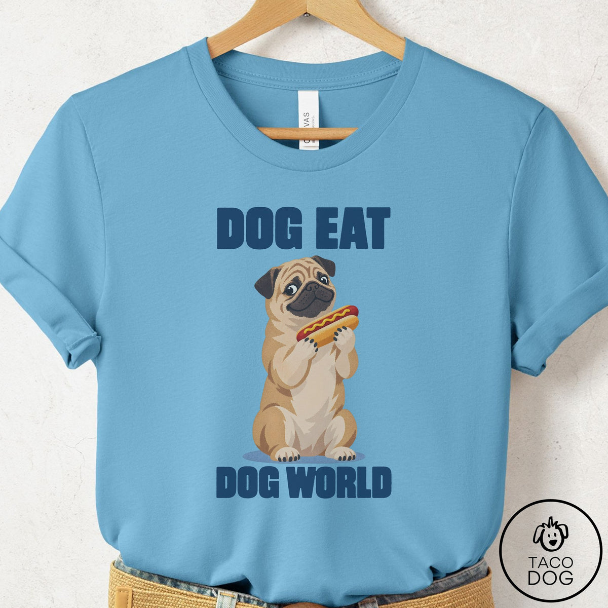 Pug Dog Eat Dog T-Shirt Ocean Blue Taco-Dog
