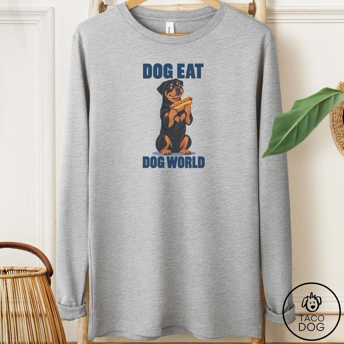 Rottweiler Dog Eat Dog Long Sleeve Tee Athletic Heather Taco-Dog