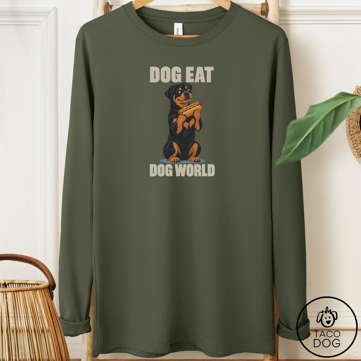 Rottweiler Dog Eat Dog Long Sleeve Tee Military Green Taco-Dog