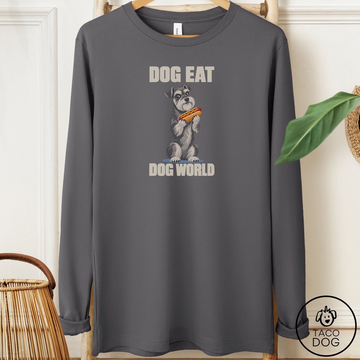 Schnauzer Dog Eat Dog Long Sleeve Tee Asphalt Taco-Dog