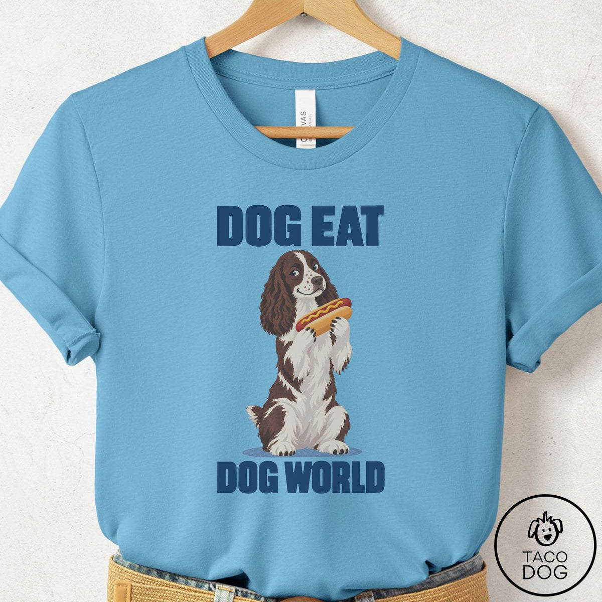 Springer Spaniel Dog Eat Dog T-Shirt Ocean Blue Taco-Dog