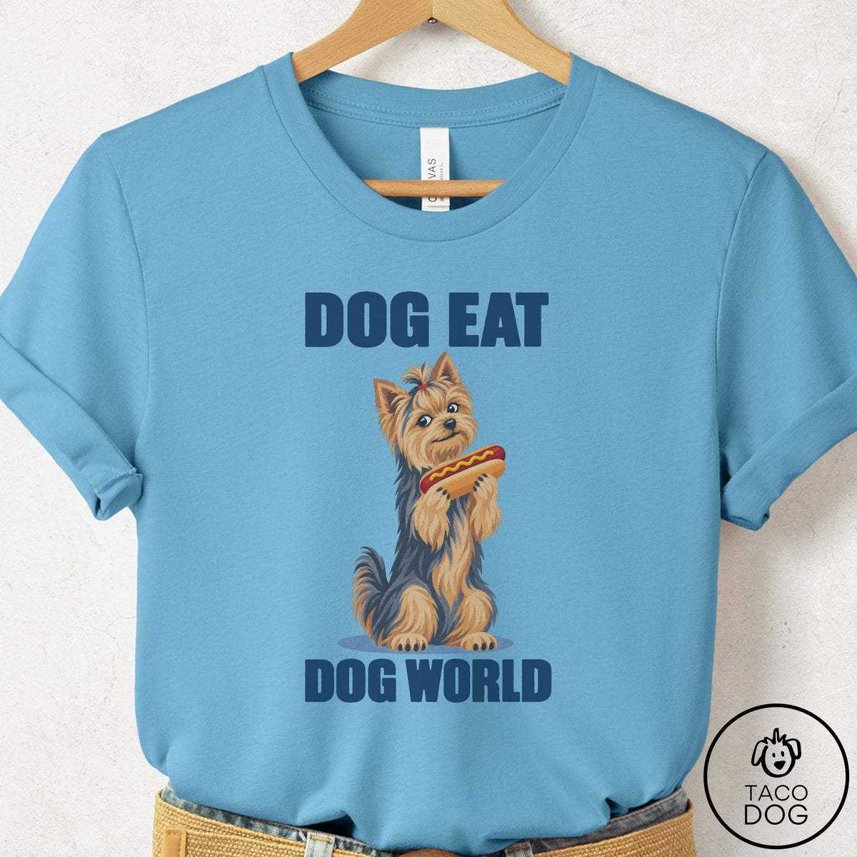 Yorkshire Terrier Yorkie Dog Eat Dog T-Shirt Ocean Blue Taco-Dog