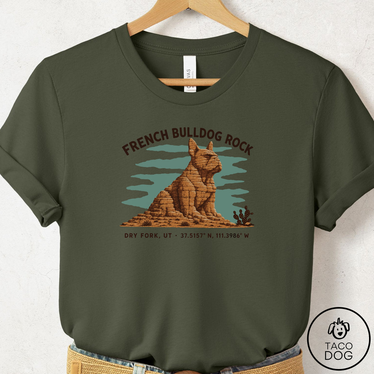 French Bulldog Frenchie Dog Rock T-Shirt, design close-up