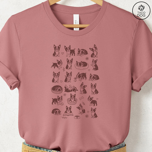 Boston Terrier Doodles T-Shirt Heather Mauve Taco-Dog