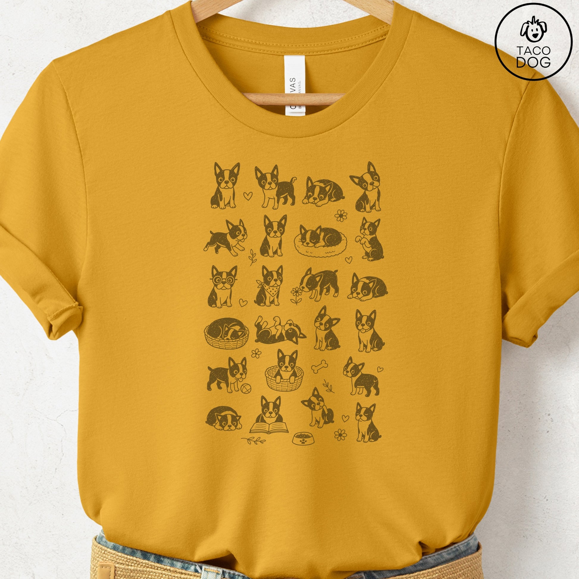 Boston Terrier Doodles T-Shirt Mustard Taco-Dog