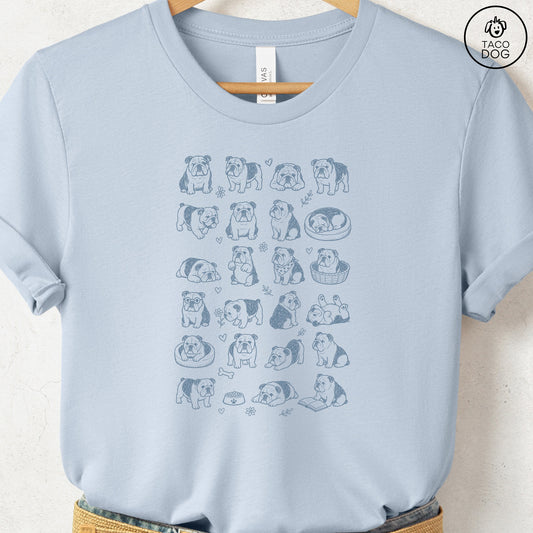 English Bulldog Doodles T-Shirt Light Blue Taco-Dog