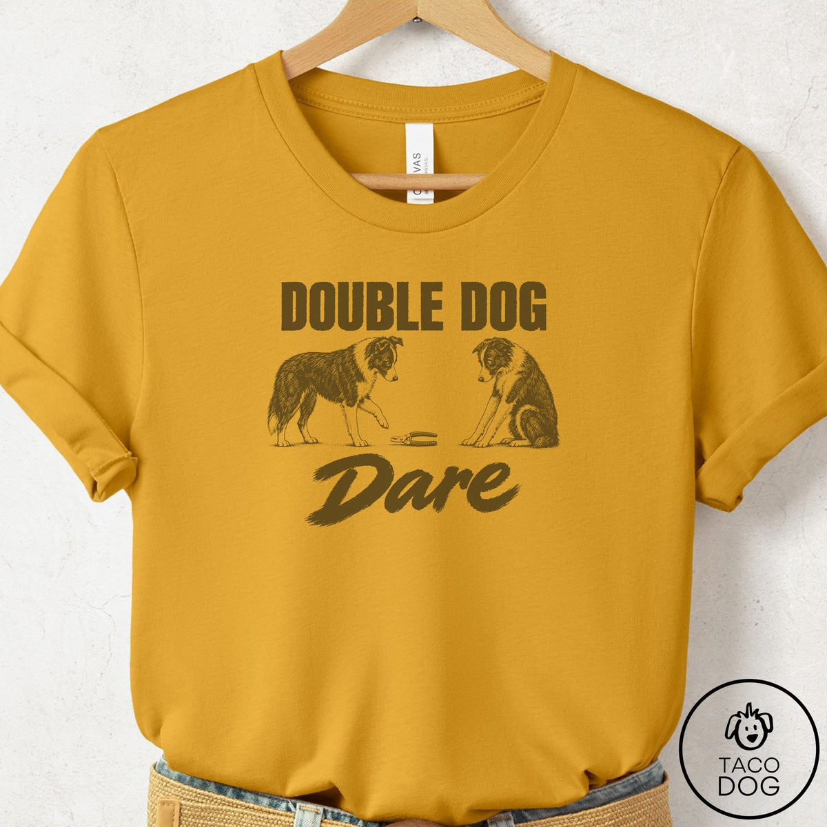 Border Collie Double Dog Dare T-Shirt Mustard Taco-Dog
