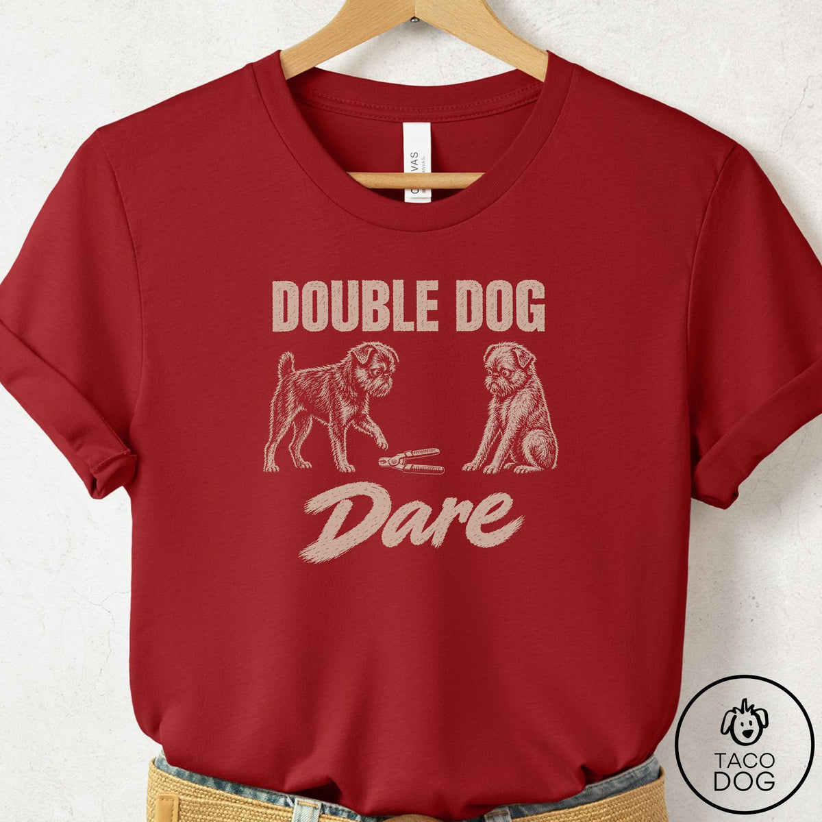 Brussels Griffon Double Dog Dare T-Shirt Canvas Red Taco-Dog