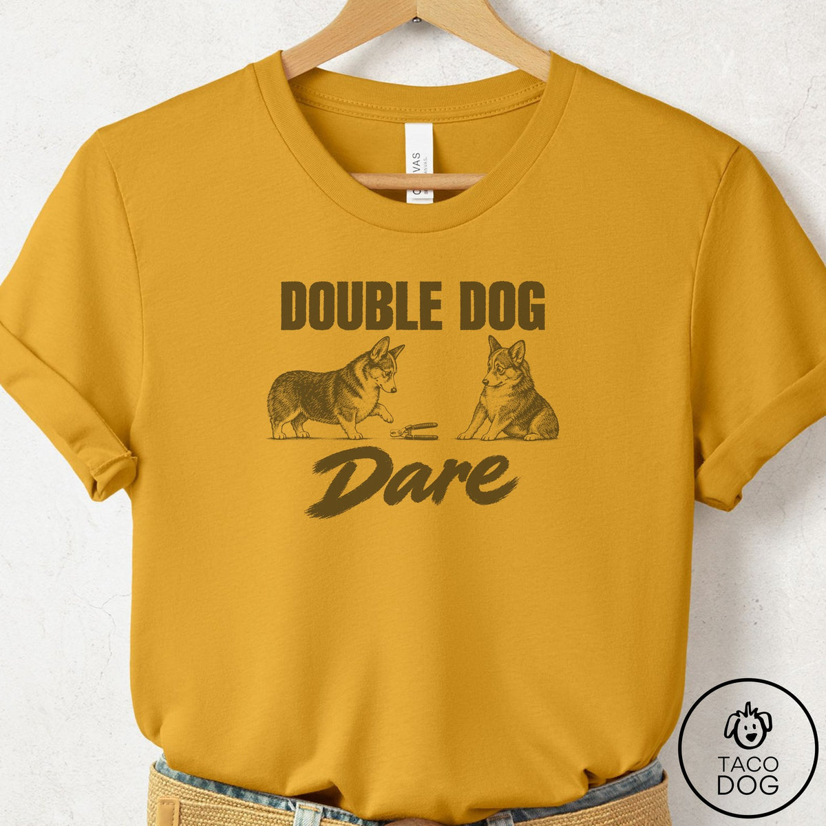 Corgi Double Dog Dare T-Shirt Mustard Taco-Dog