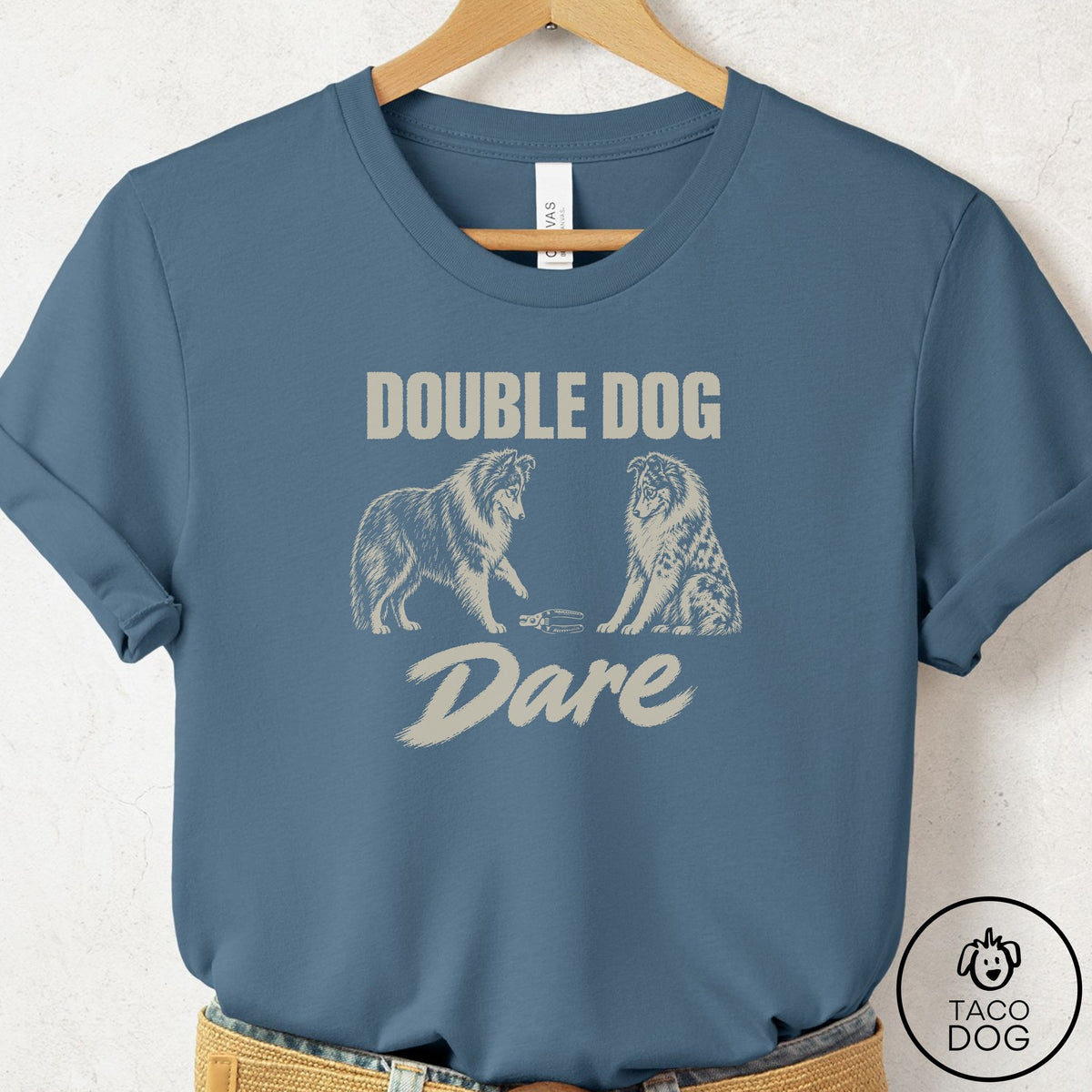 Shetland Sheepdog Double Dog Dare T-Shirt Steel Blue Taco-Dog