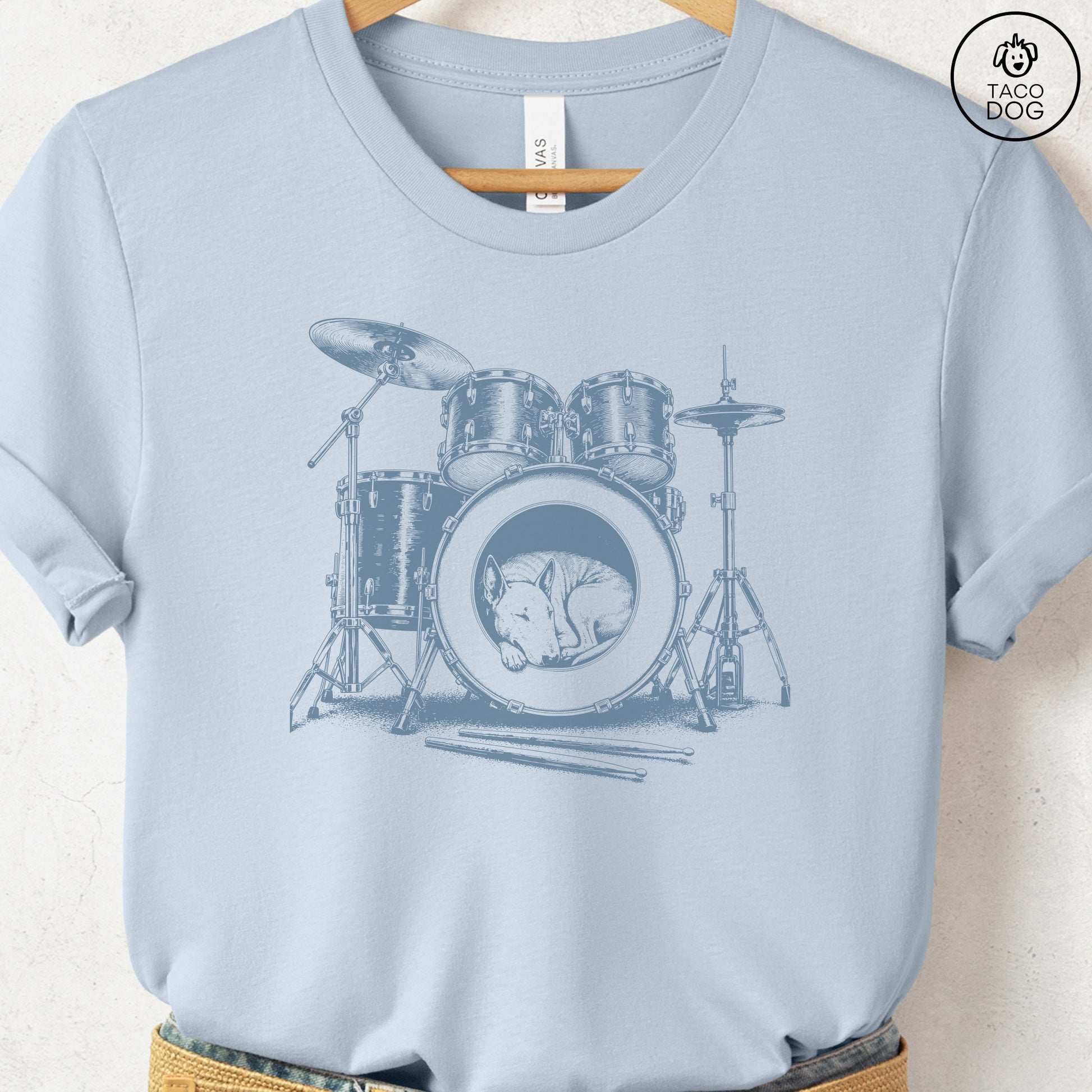 Bull Terrier Drum T-Shirt Light Blue Taco-Dog