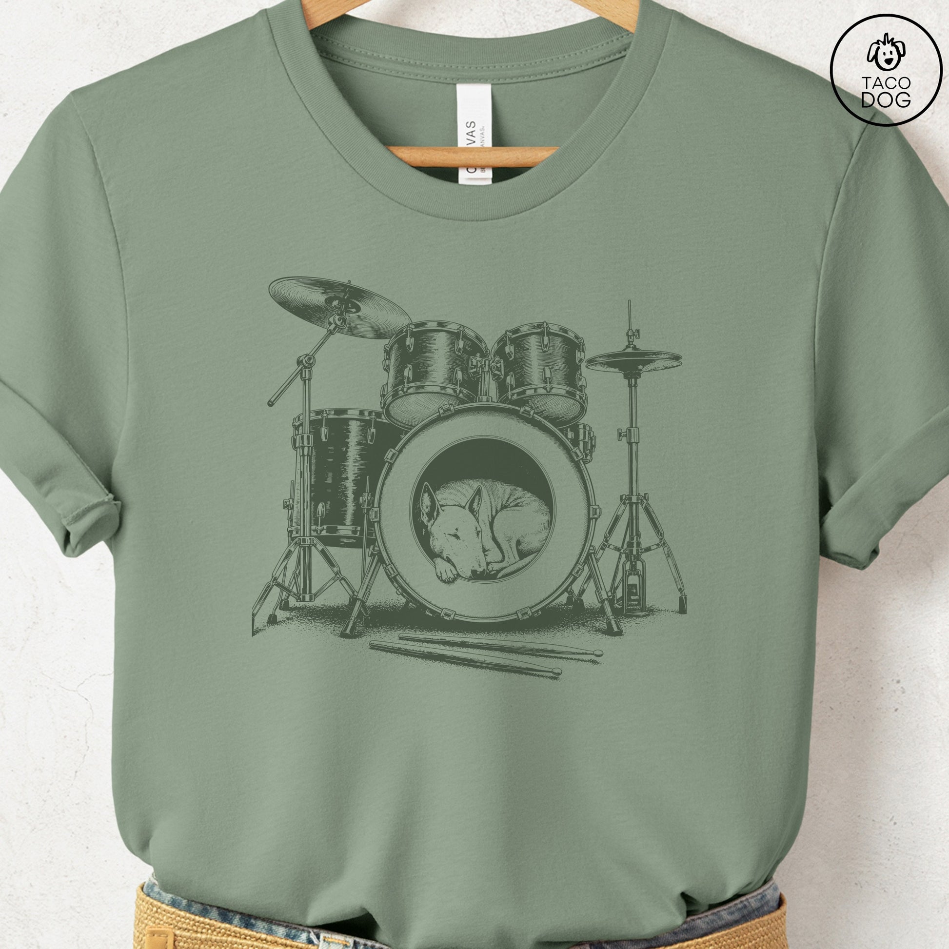 Bull Terrier Drum T-Shirt Sage Taco-Dog