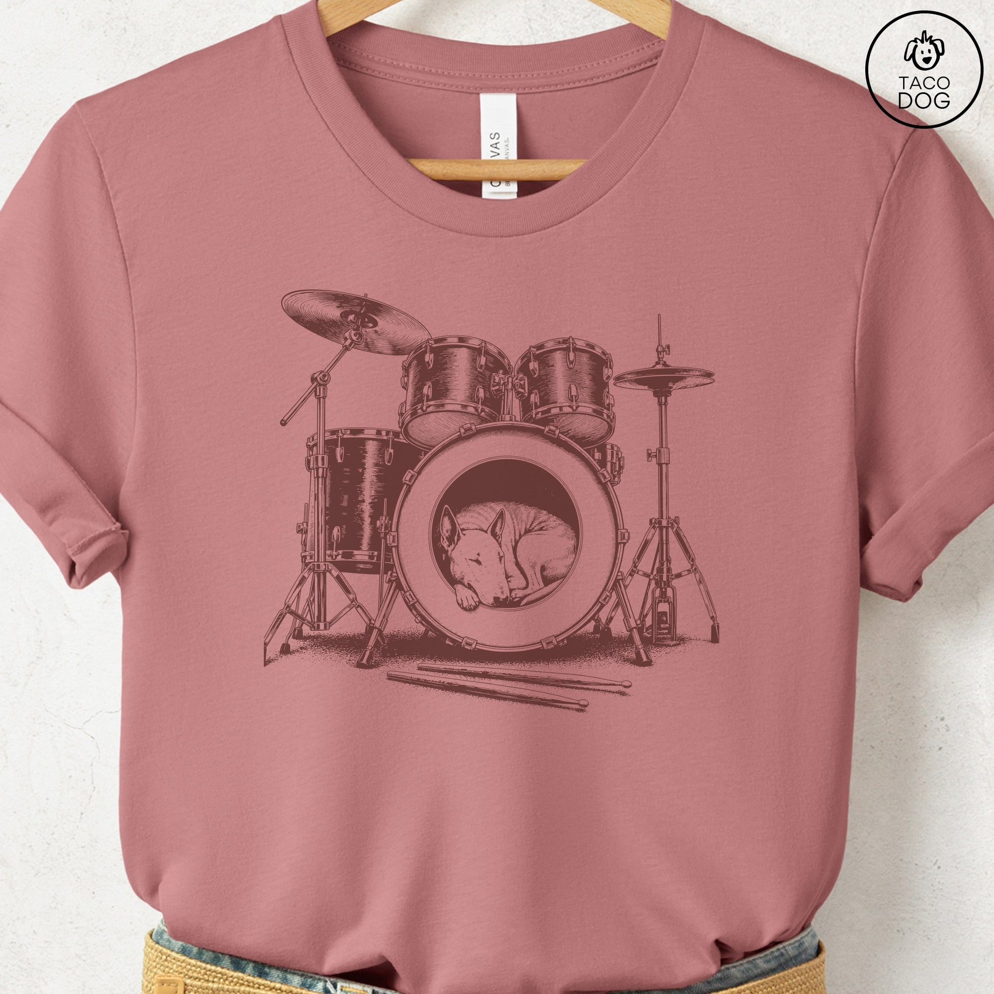 Bull Terrier Drum T-Shirt Heather Mauve Taco-Dog