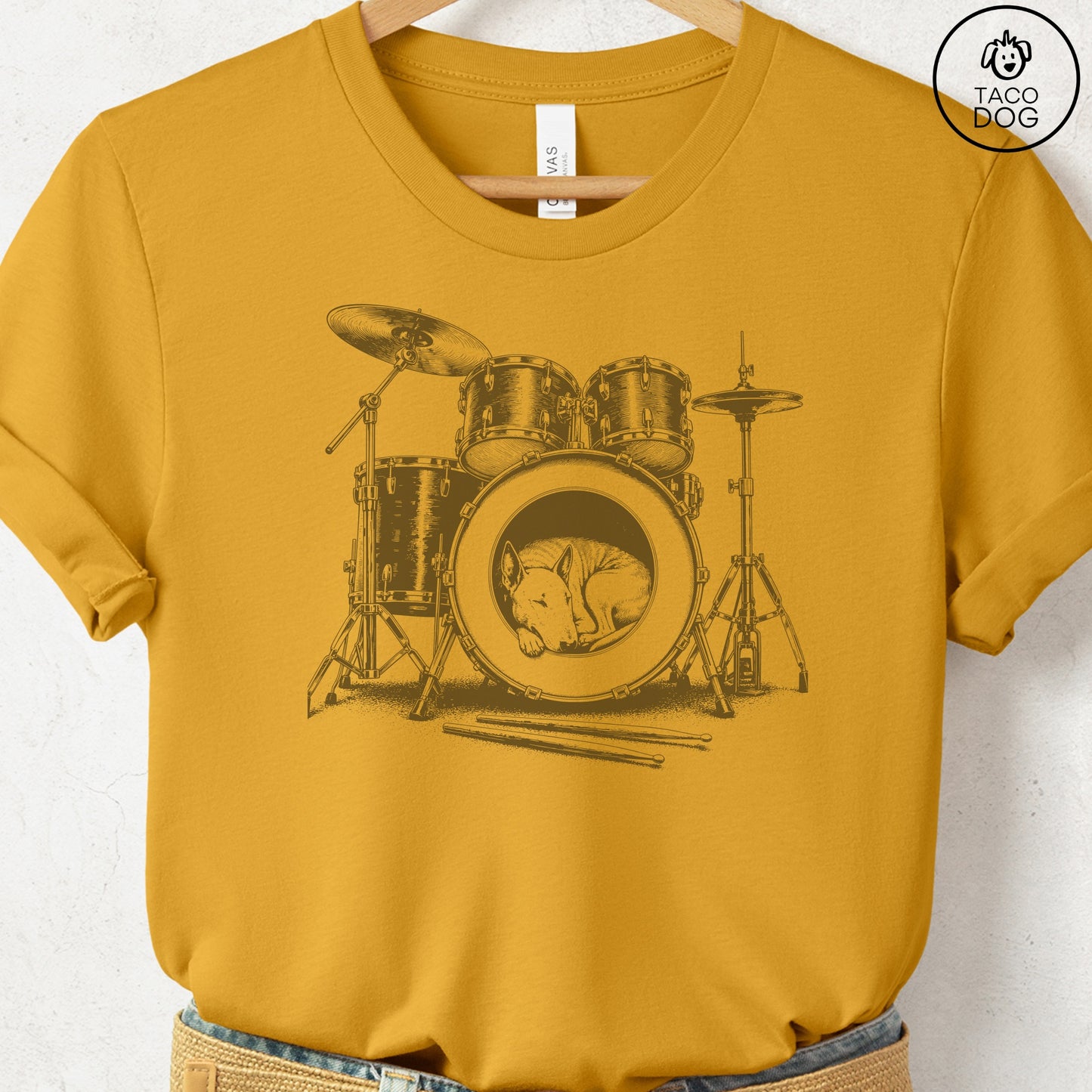 Bull Terrier Drum T-Shirt Mustard Taco-Dog