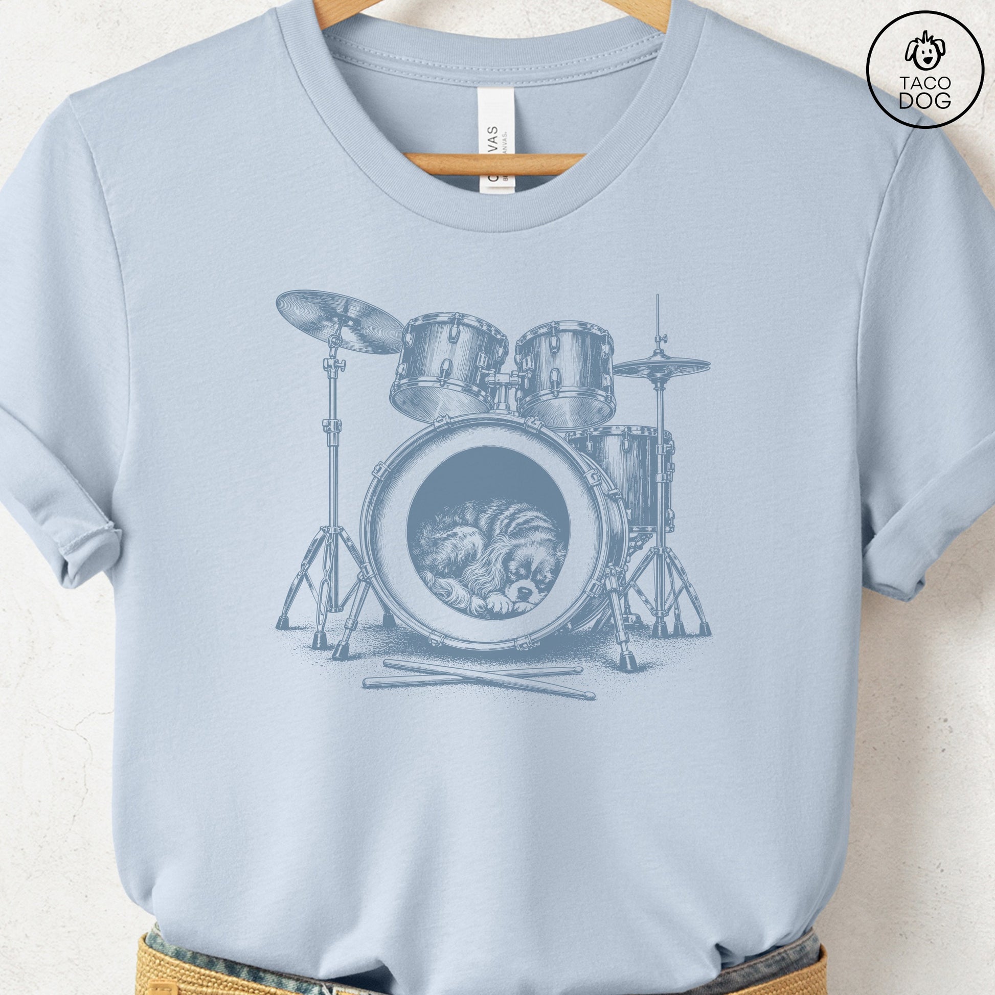 Cavalier King Charles Spaniel Drum T-Shirt Light Blue Taco-Dog