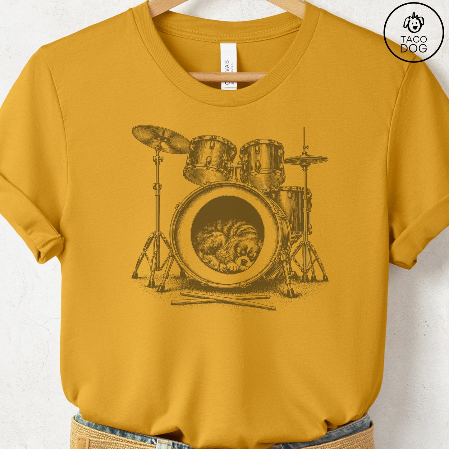 Cavalier King Charles Spaniel Drum T-Shirt Mustard Taco-Dog