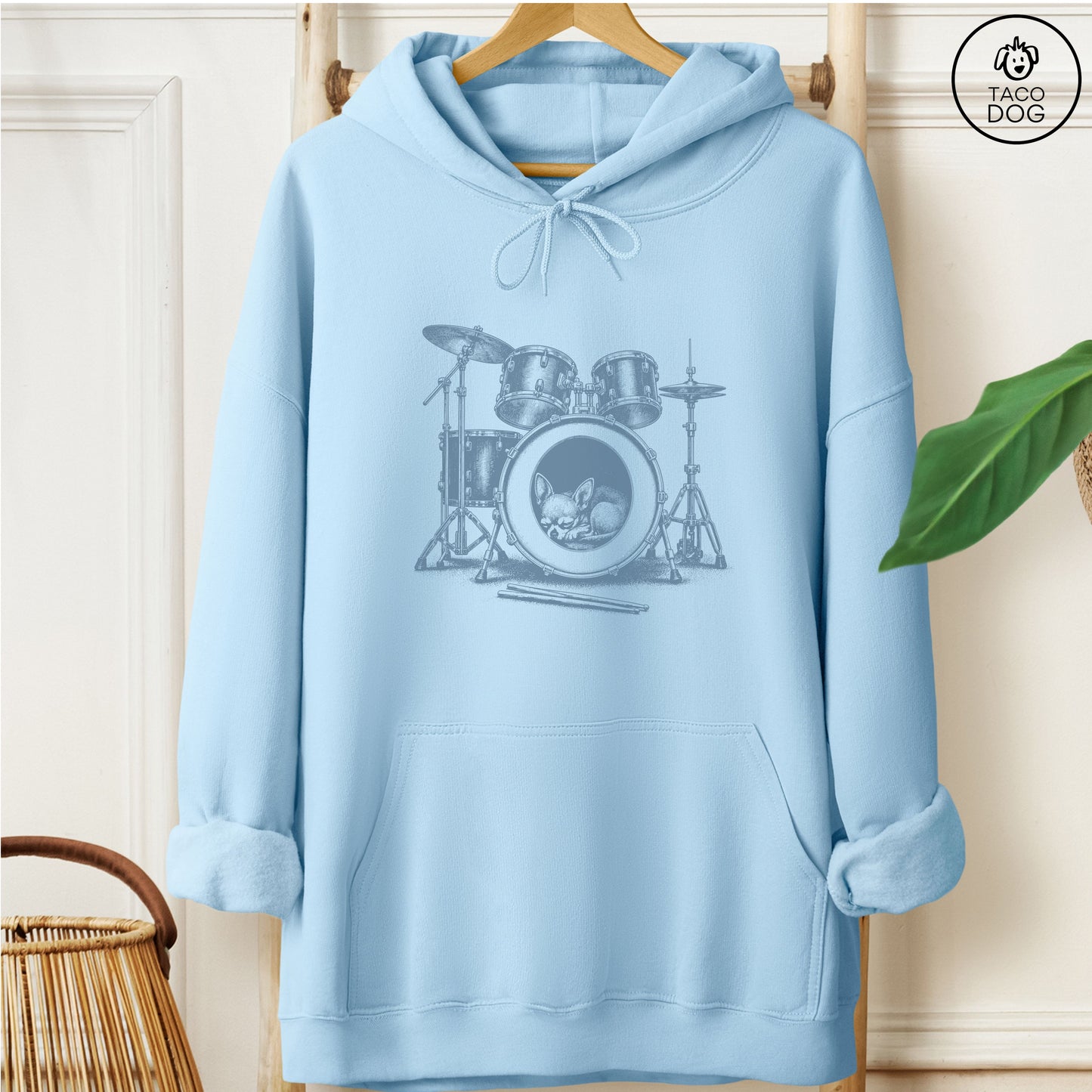 Chihuahua Drum Hoodie Light Blue Taco-Dog
