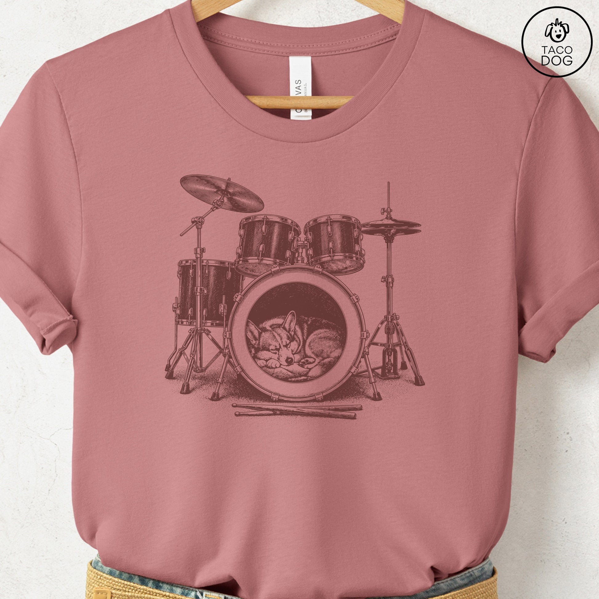 Corgi Drum T-Shirt Heather Mauve Taco-Dog