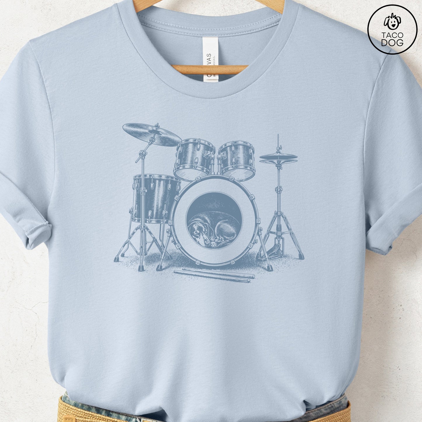 Dachshund Drum T-Shirt Light Blue Taco-Dog