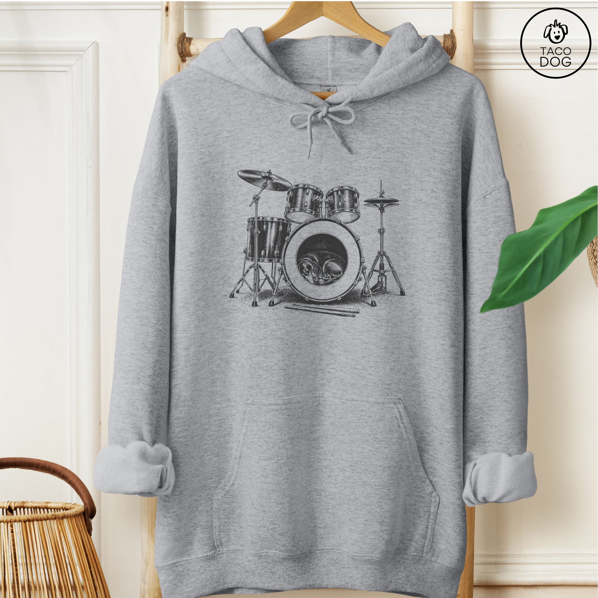 Dachshund Drum Hoodie Graphite Heather Taco-Dog